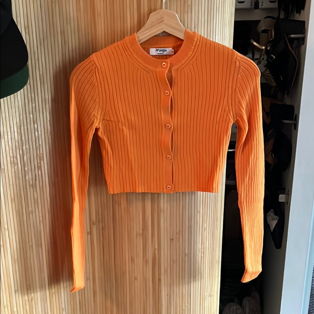 Orange Ribbed Crop Button Down Shirt